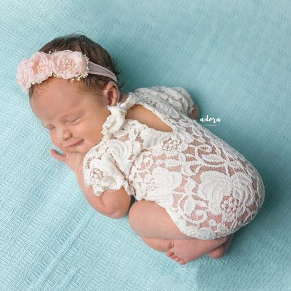 New Newborn Baby Photo Prop Girl Romper with Rose Bow Pink picture