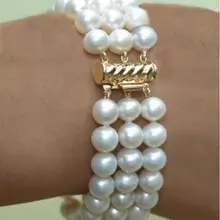 Красивый 3 ряда 8-9 мм 7,5-" Южное море белый натуральный жемчуг браслет 14kgp желтый(9,31