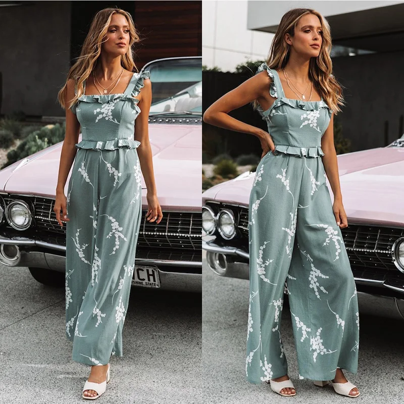 

Sexy Halter Floral Print Jumpsuit Siamese Pants Backless Wooden Ear Ruffle Jumpsuits Floral Printed Casual Ankle-length Pants
