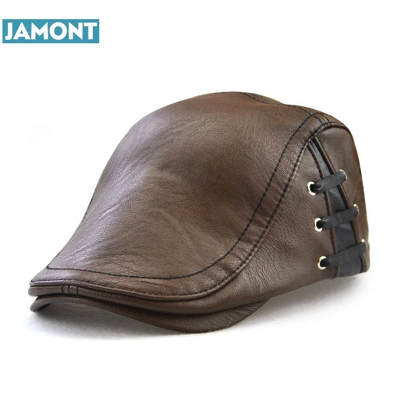 

JAMONT 2019 Original Design Men's Hat Winter Visors Cap PU Leather Hats Beret Fashion Bandage Gorras Men Caps Winter Casquette