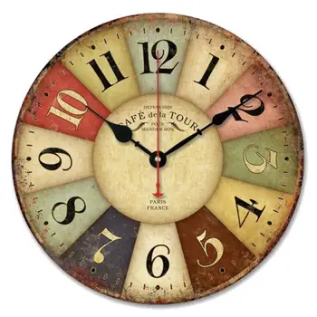

France Paris Colourful Round Wood Wall Clock Rustic Country Tuscan Colorful Vintage Retro Style Arabic Numbers Clock Home Decor