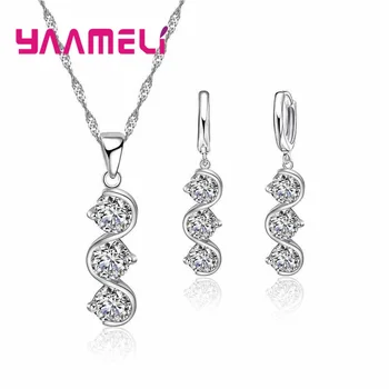 

New Women 925 Sterling Silver Bridal Jewelry Sets For Wedding Accessory Austrian Crystal Pendants Necklace Earring Set