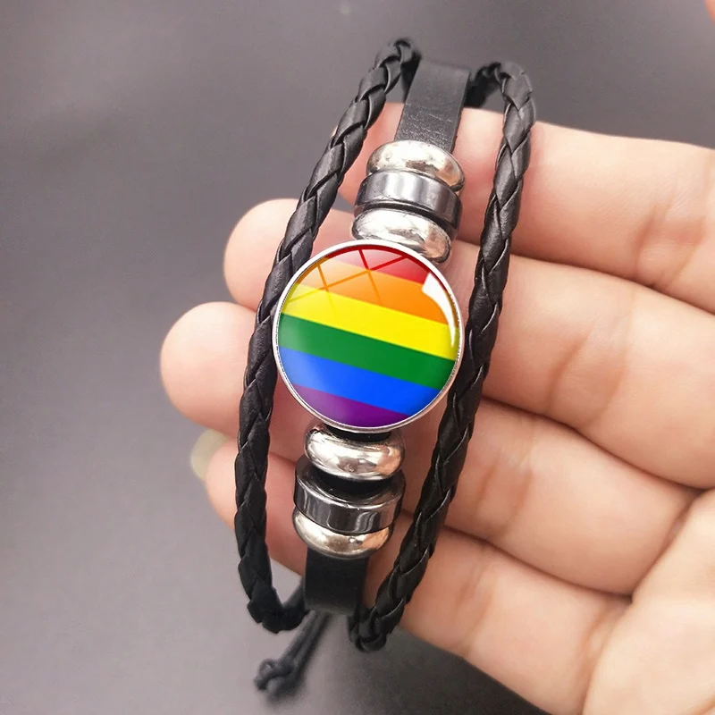 Новая Радуга, гей-браслет с подвеской в виде гордыни, стеклянный кожаный, с кнопкой, браслеты ЛГБТ, аксессуары для гомосексуалистов