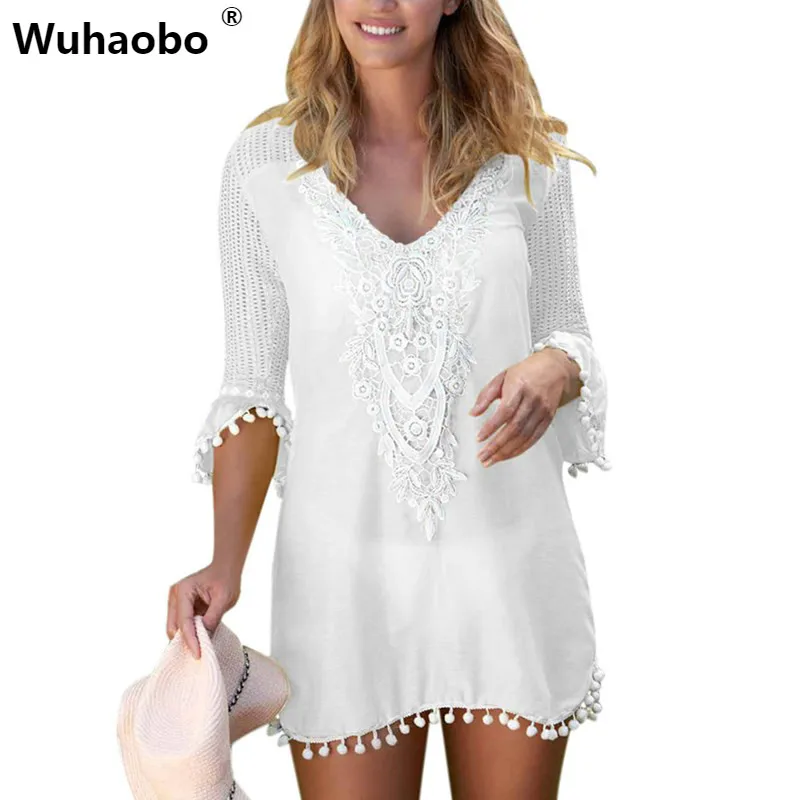 

Wuhaobo 2019 Summer Women Boho Dress Chiffon Vintage Blue Crochet Pom Pom Trim Beach Wear Tunic Robe de Plage Vestidos Sundress