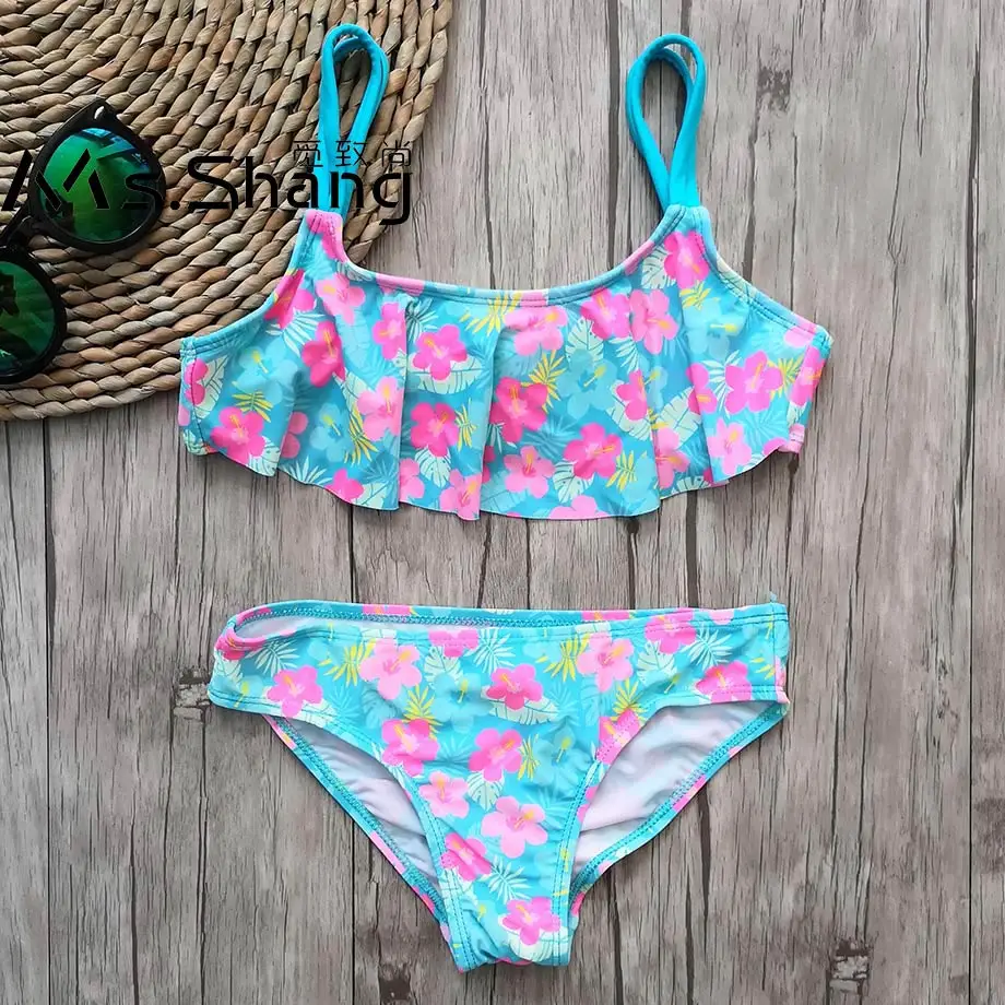 

4-8 Years Floral Baby Girl Swimsuit Kids Two Piece Children Swimwear Falbala Child Girl Swim Wear Little Girl Bathing Suit Blue