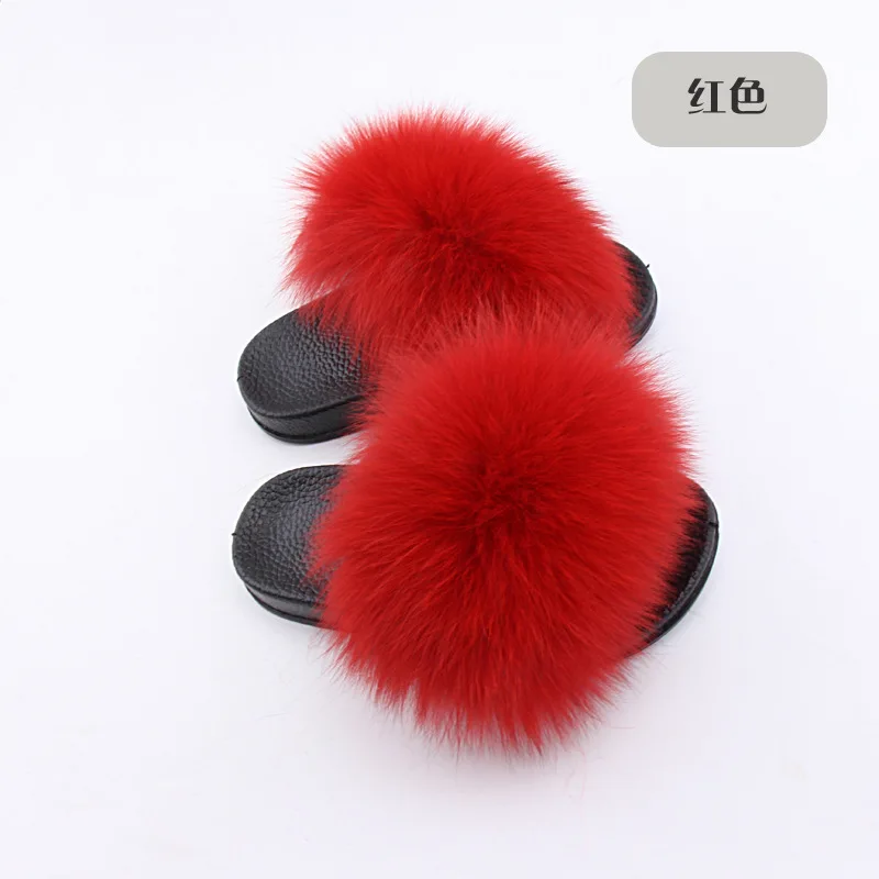 Wholesale Real Fox Slippers Kids Rainbow Neon Color Toldder Fur Child Home Slides Girls Raccoon Super Fluffy Cute Flat Summer