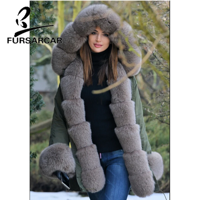 

Женская Шуба FURSARCAR из натурального меха, с большим капюшоном из лисьего меха и манжетами, роскошная, зимняя, толстая, теплая, в стиле милитари