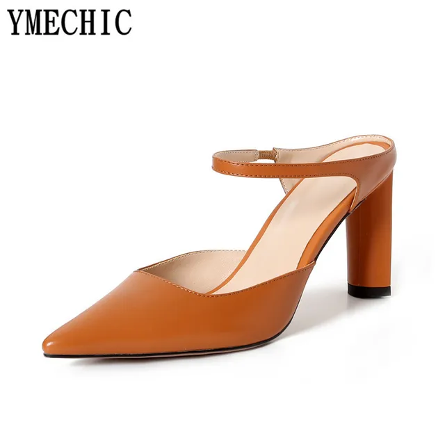 Ymechic 2018 Women Genuine Leather High Heel Shoes Black Apricot Ymechic 2018 Women Genuine Leather High Heel Shoes Black Apricot Orange Pointed Toe Slingbacks Office Career
