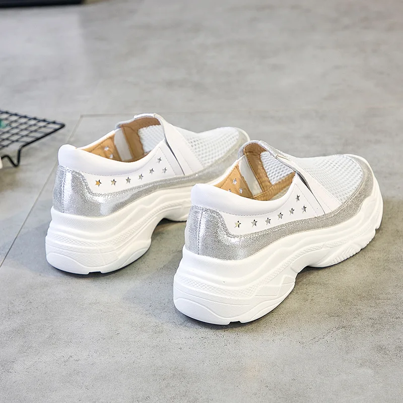 

Jookrrix 2018 Summer Fashion Brand Real Leather Lady Casual Platform Shoes Women White Shoe Girl Leisure Mesh Sneaker Breathable
