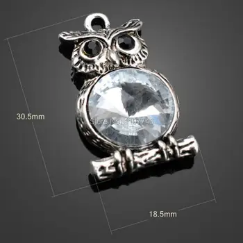 

New 30.5x18.5mm 20pcs Vintage Silver Plated Metal With Clear Crystal Night owl Pendant For DIY Jewelry Wholesale Owl