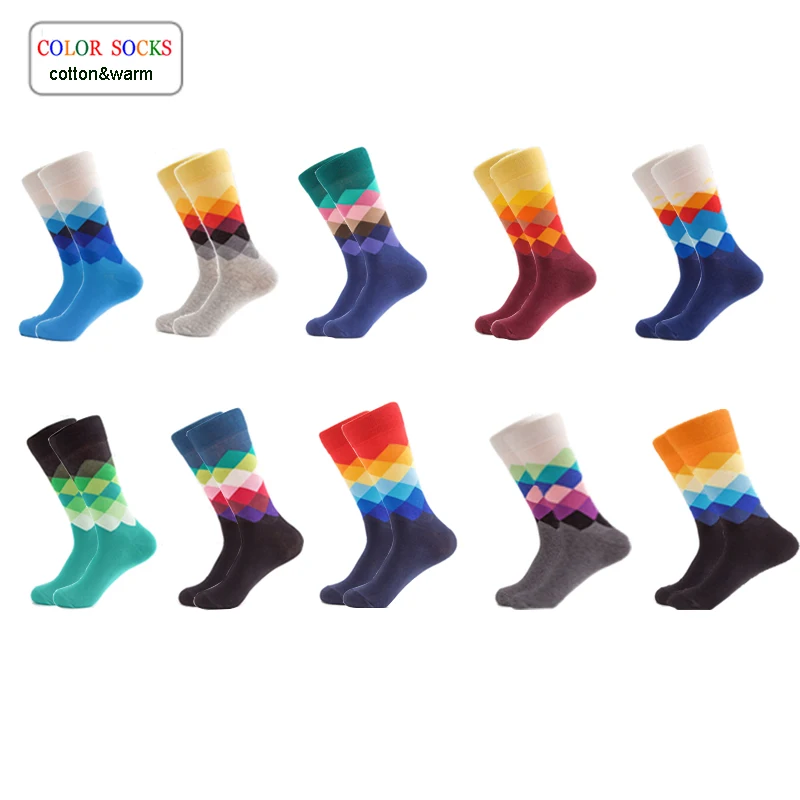 

10 Pairs/lot Plus Size Casual Colorful Happy Socks Plaid Pattern Men Funny Cotton Socks Warm British Style Breathable Skate Sock