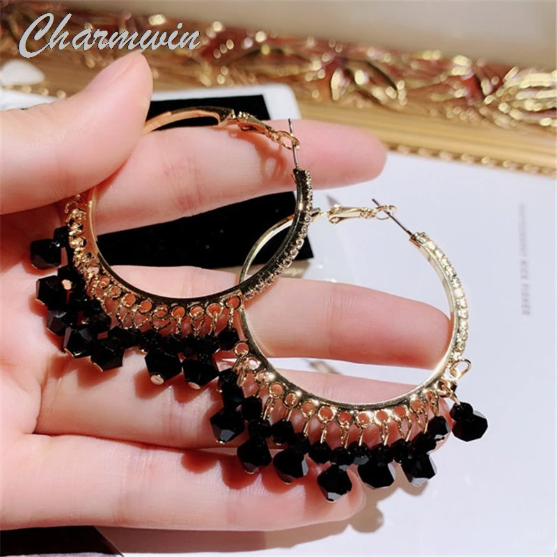 

New Fashion Hoop Earrings Exaggerated Long Earrings For Women Trend Big Circle Black And White Crystal Earrings Fashion Jewelry