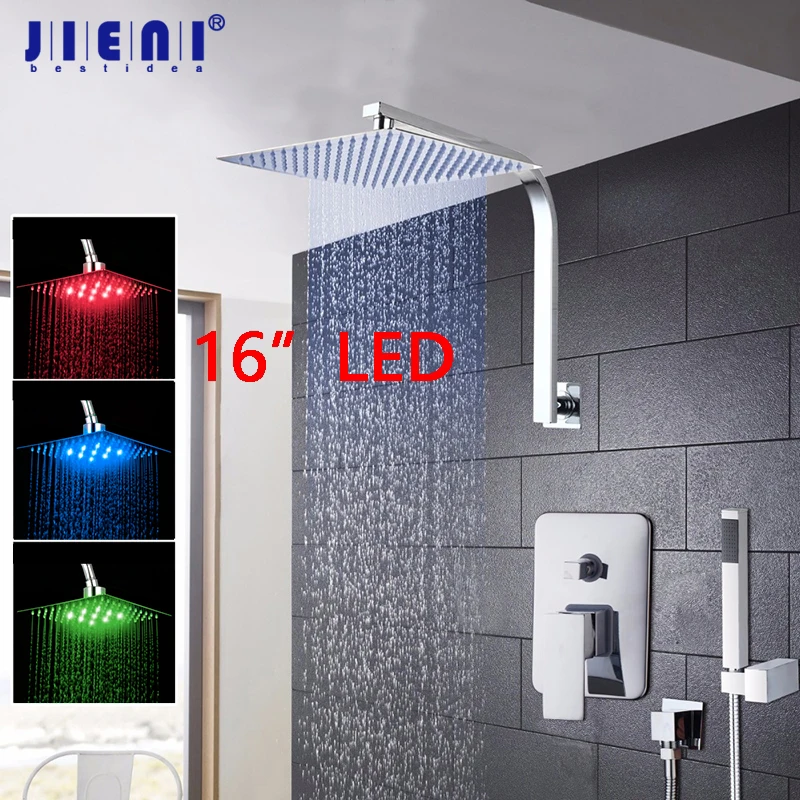 16 Inch LED Rainfall Bathroom Shower Kit Hand Shower Shower Head Wall Mounted Square Style