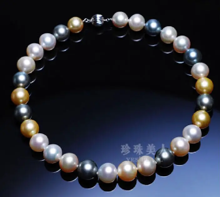 

free shipping stunning +10-11mm genuine tahitian round south sea multicolor pearl necklace