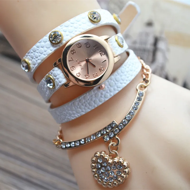 

2018 New Heart Pendant Long Chain Bracelet Watch Woman Fashion PU Leather Casual Dress ladies Quartz Wristwatch