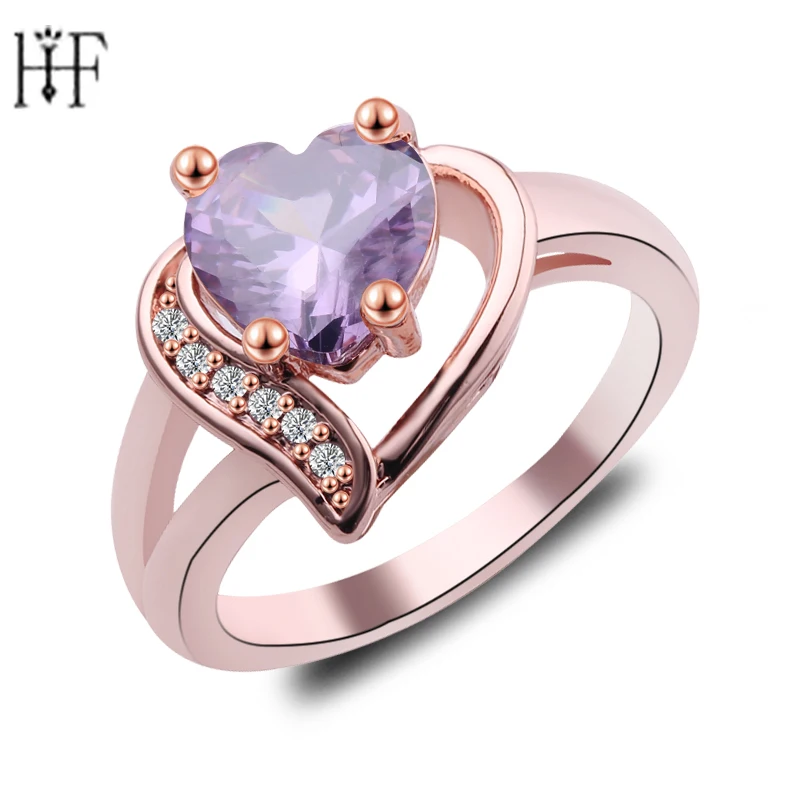 

Bohemian Female Purple Fire Opal Heart Ring Fashion Champagne Zircon Rose Gold Filled Jewelry Vintage Wedding Rings For Women
