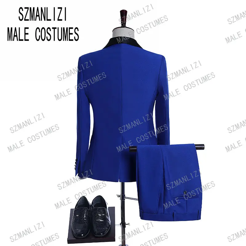 2019 مخصص 3 قطعة شال طية صدر السترة الملكي الأزرق حفلة موسيقية الرجال دعوى صالح سليم العريس سهرة رفقاء أفضل رجل سترة رجل بدل زفاف