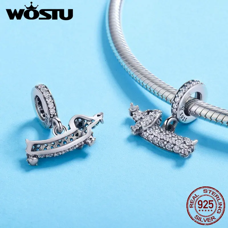 WOSTU 100% 925 пробы Серебряный собачий Поппи такса круглый CZ камень ослепительные