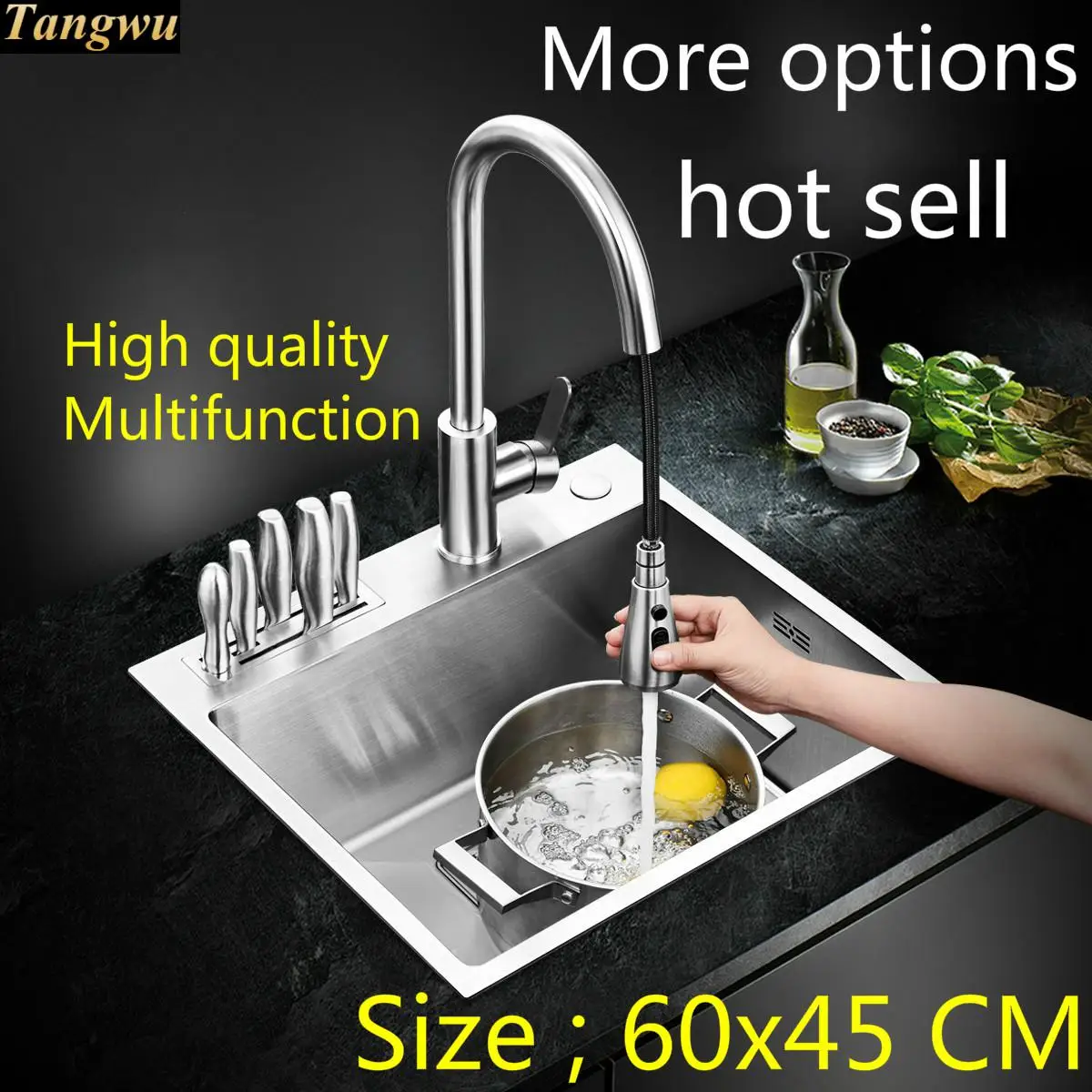 

Free shipping Standard luxurious kitchen balcony manual sink single trough durable food-grade stainless steel hot sell 60x45 CM