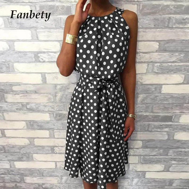 

Fanbety Women Halter Polka Dot Beach Dress Summer Sleeveless Sashes Dresses Elegant Ladies Off Shoulder Sundress Plus Size S-5XL