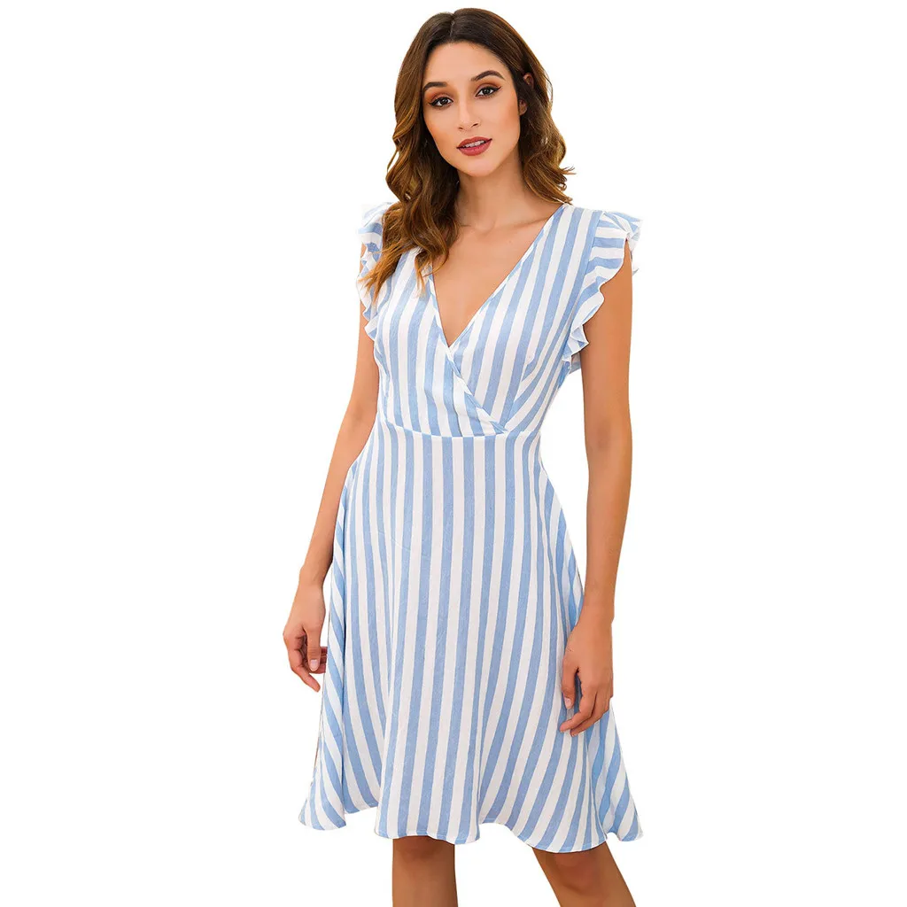 

Summer Sundress Women Beach Dress Casual A-Line Stripe Print Zipper Mini Dress Ruffle V-neck Loose Big Swing Dress L606