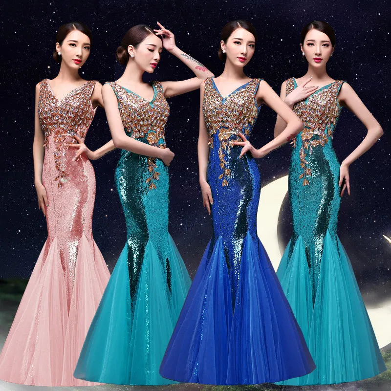 Sweet Memory Sexy V Neck Red Pink Blue Mermaid Prom Dresses Sequined Long Prom Dress Party Dresses M007