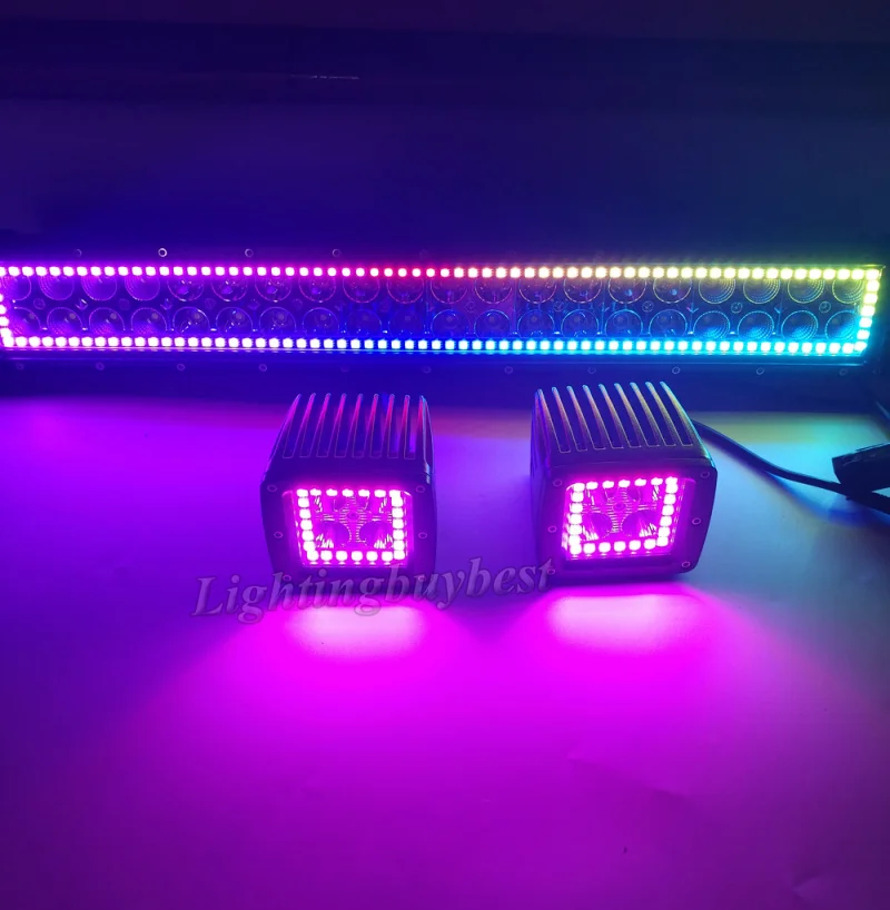 22inch 120W Led Light Bar + 2x 3inch Cube pods led work light with RGB Halo Ring Color Changing Chasing Flash RF remote control 22inch 120W Led Light Bar + 2x 3inch Cube pods led work light with RGB Halo Ring Color Changing Chasing Flash RF remote control