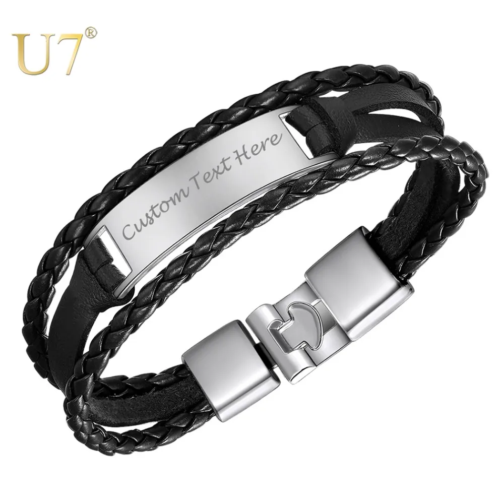U7 Винтаж шнурок из искусственной кожи черный браслет для мужчин цинковый сплав панк-подвеска браслеты браслет мужской день рождения ювелирные изделия подарок H1075