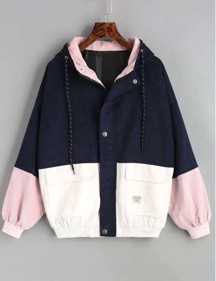 Зимняя теплая Вельветовая куртка с капюшоном и цветным блоком, с кулиской, хит, цветная, с заплатками, с карманами, толстое базовое Женское пальто Harajuku VANGULL