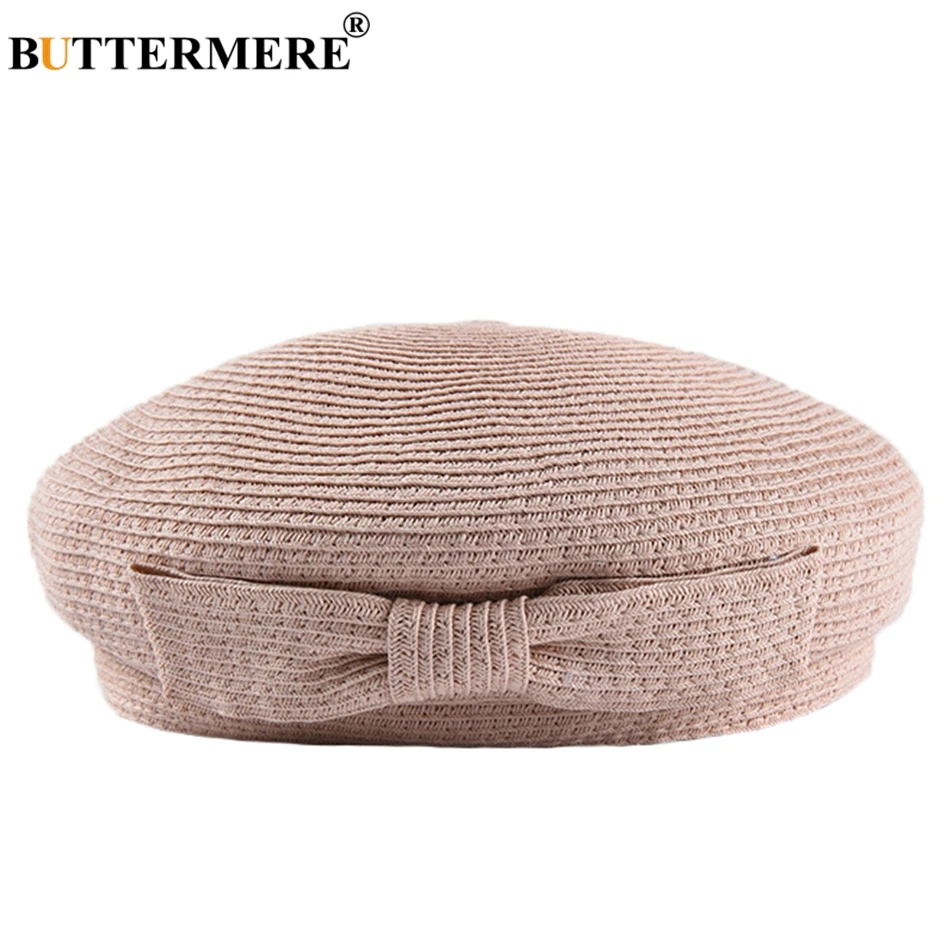 

BUTTERMERE Summer Beret Hats Ladies Straw Pink Painter Hat Female Elegant Bowknot Ladies Folding Sweet French Style Artist Cap