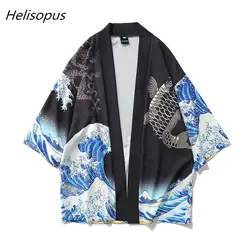 Helisopus модные для мужчин печатных японское кимоно кардиган тонкие рубашки сезон: весна-лето Мужчин's 3/4 с длинным рукавом повседневное