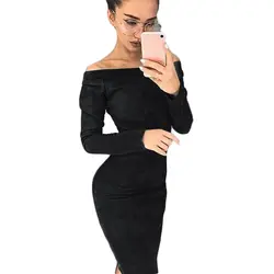 Элегантные женские платья с открытыми плечами Slash шеи оболочки женские осенние платья 2018 Новый длинным рукавом длиной до колен Bodycon платье