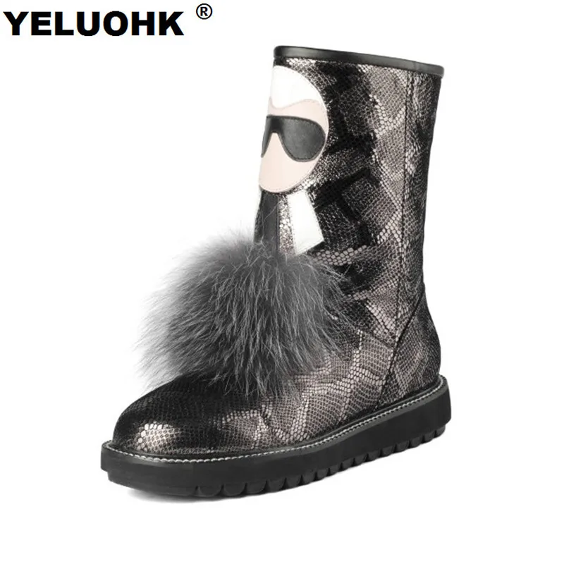 

Large Size Mid Calf Snow Boots Women Snake Style Genuine Leather Winter Boots Warm Plush Female Winter Shoes High Quality