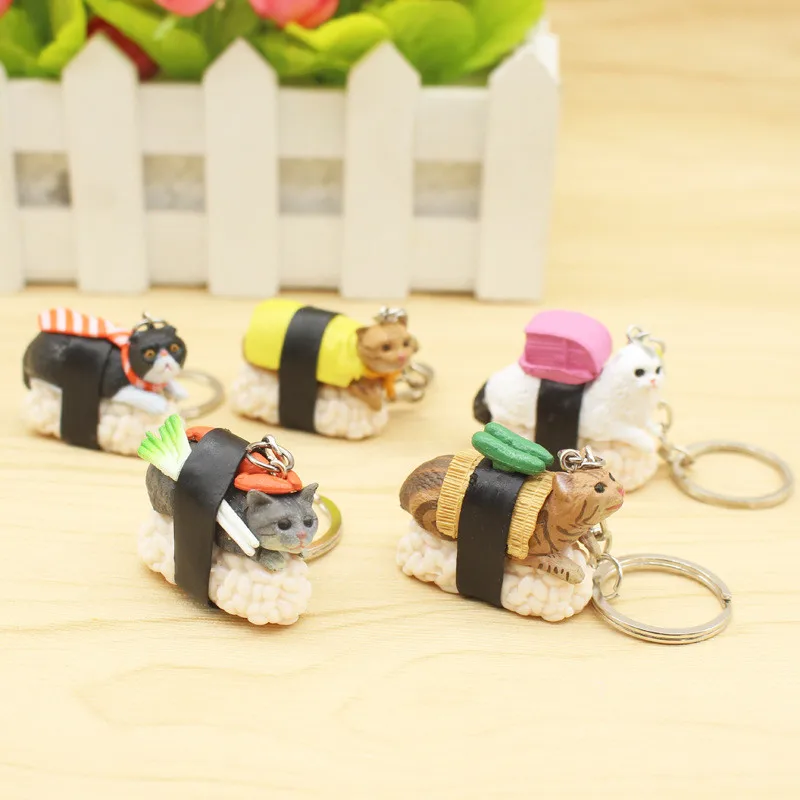 

Lovely Mixed Color Sushi Cat keychain PVC Cartoon Anime Key Chain For Car Handbag Hangling Accessories 5pcs