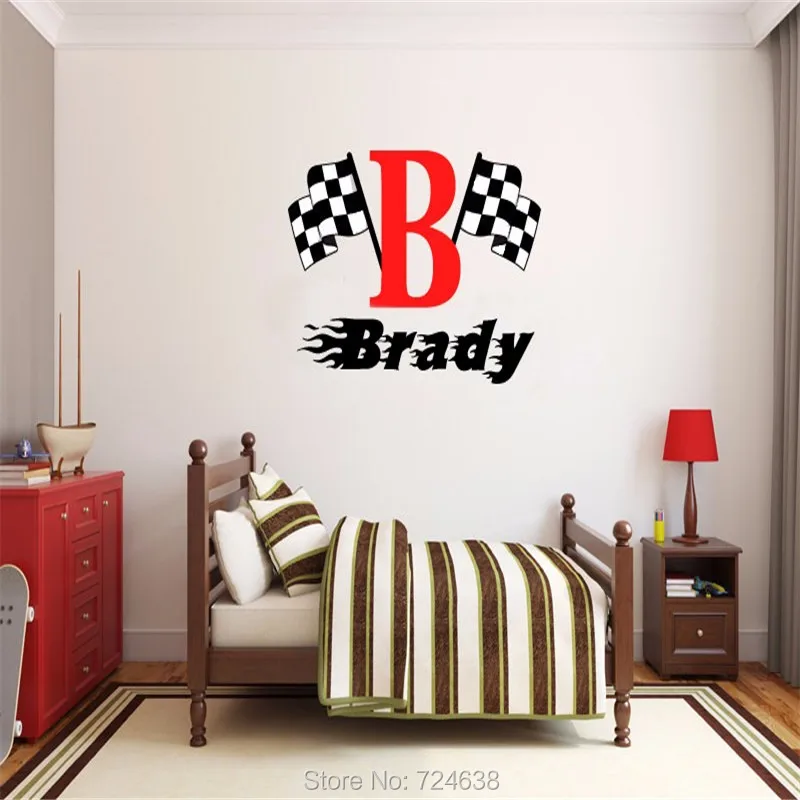 preço O Envio gratuito de Meninos Nome Monograma Bandeira Quadriculada Racing Decalque Da Parede Do Berçário Quarto Decoração Do Quarto Adesivos de Parede Parede De Vinil Gráficos