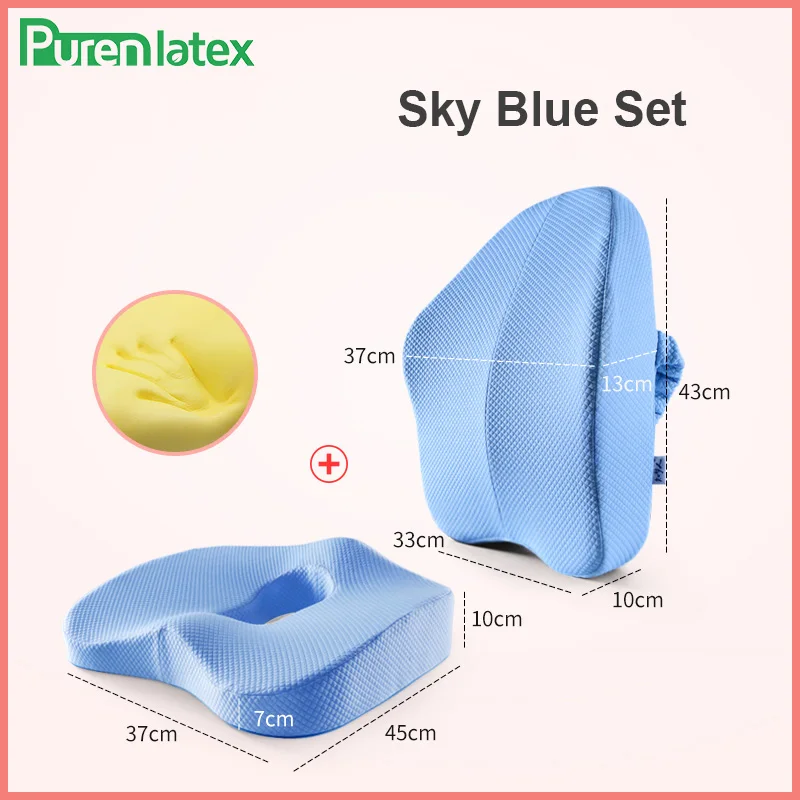 Memory Foam 2 Pcs Orthopedic Pillow Set Office Chair Cushion Coccyx Pad Car Seat Mats Hemorrhoid Vertebra Spine Protect Cushion - Color: Sky Blue 2 Pcs Set