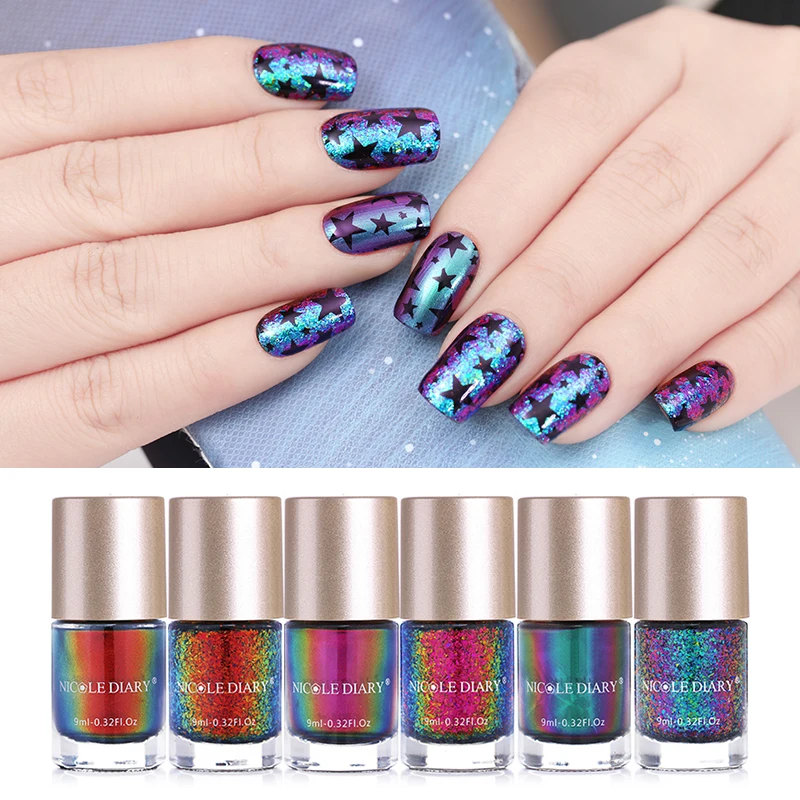 

2 Bottles NICOLE DIARY Nail Polish Chameleon Wonderworld Series Iridescent Flakies Sequins Nail Art Lacquer Polish Set 9ml