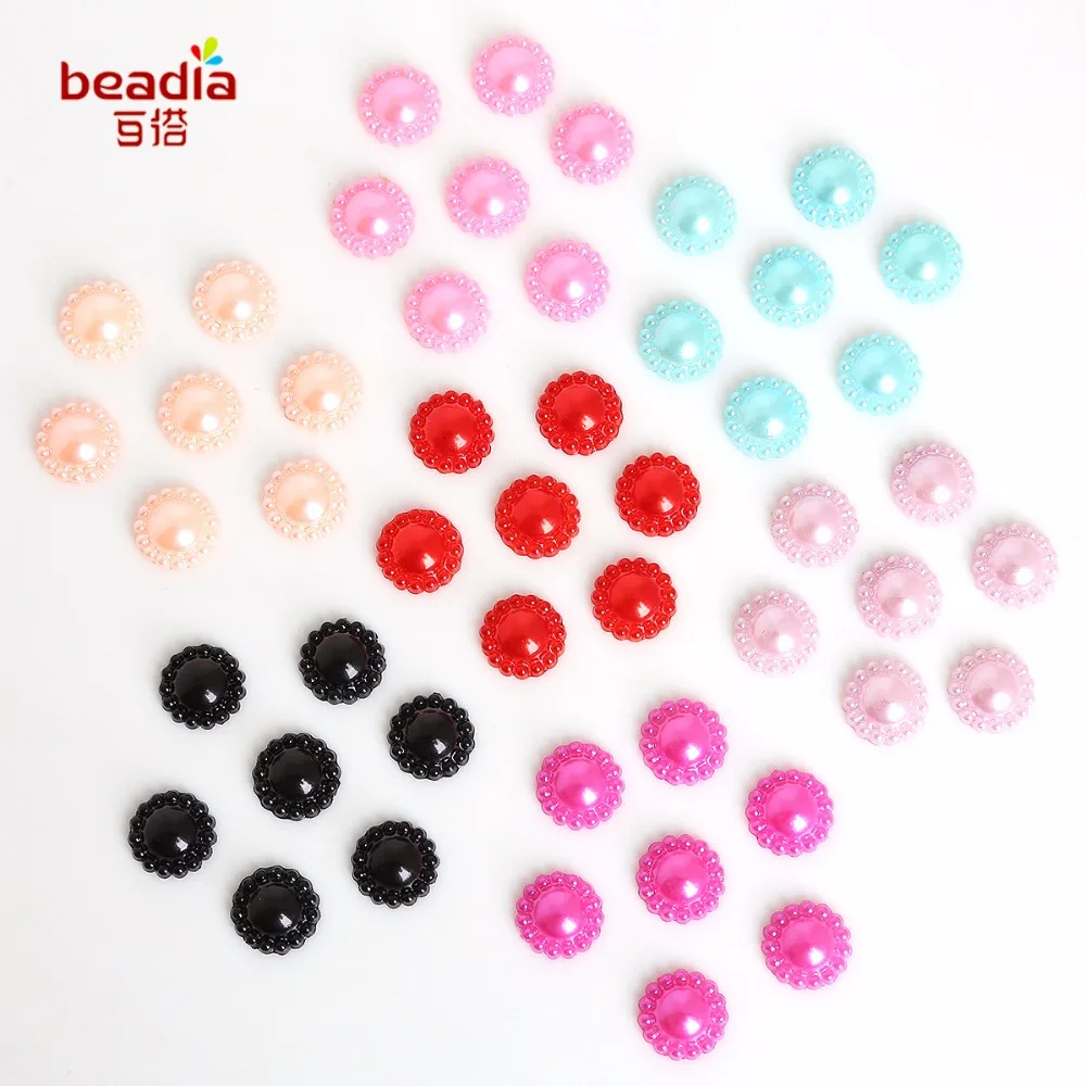 

High Quality Dia 12mm 50pcs/bag Multicolor Flatback Flower Plastic ABS Imitation Pearl Beads For DIY Jewelry Making