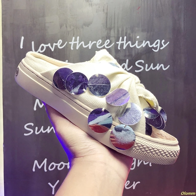 

Sequined slippers female wear fashion vacation beach shoes hundred casual denim thick bottom a word drag