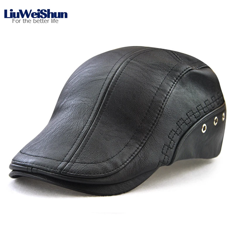 Winter Solid Black PU Leather Visor Hat European Fashion Perforated Cap