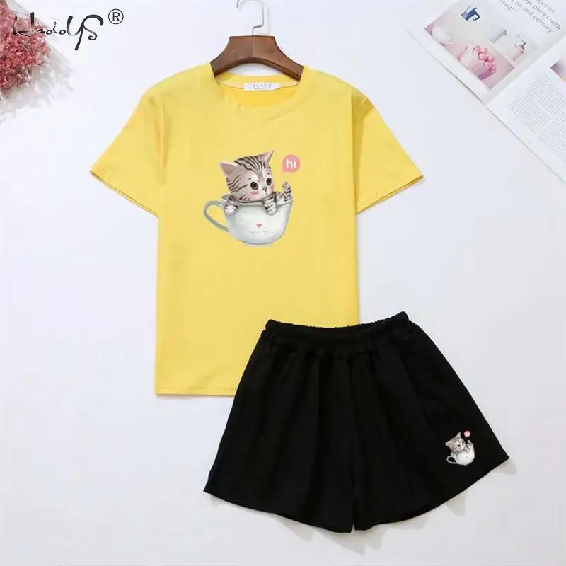 Футболки и шорты с рисунком кота и собаки, пижамный комплект, разноцветные пижамы с животными, женская одежда для сна, летняя повседневная одежда для сна - Цвет: Yellow cat