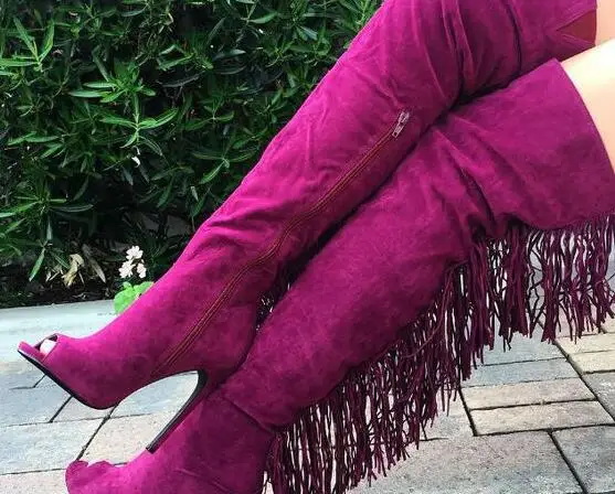 

Fashion boots women winter 2017 thigh high boots open toe fringe shoes woman boots high heel autumn suede sexy over the knee boo