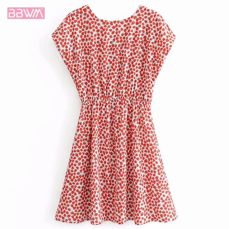 

Summer Strawberry Print Female Dress Round neck backless 2019 Harajuku leisure holiday women's dress Sleeveless vacation