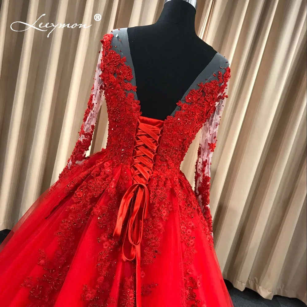 Red Wedding Gown with Long Sleeves and Lace Details - Sheer Backless Design - Customizable Size image 6