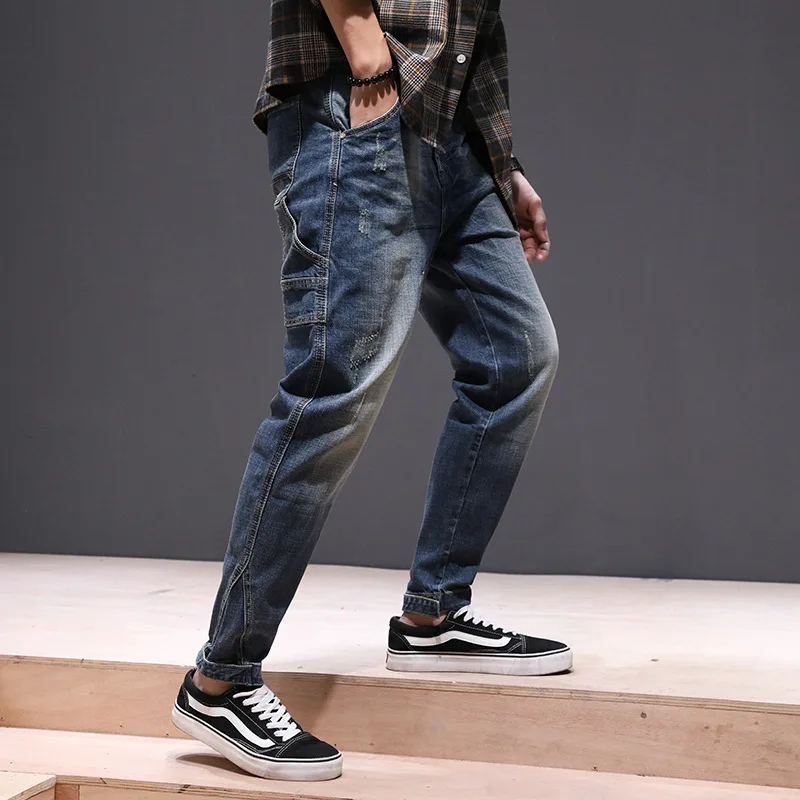 

Big Size Men Bike Jeans 2019 Autumn Spring New Stretch Harem Pants Brand Denim Trousers Male Blue 40 42