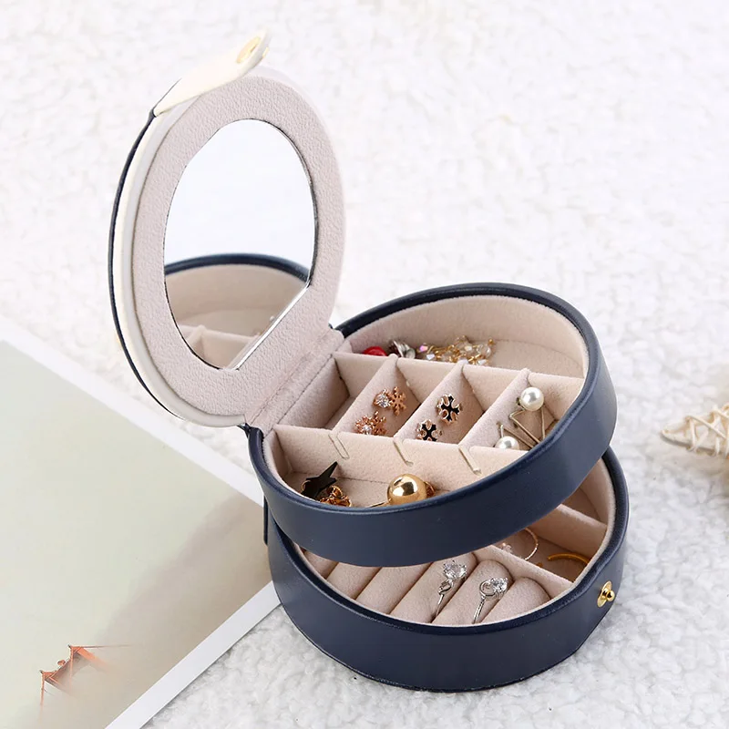 Portable Travel Jewelry Box Round Ring Earrings Bracelets Necklaces Gift Organizer Leather Storage Box