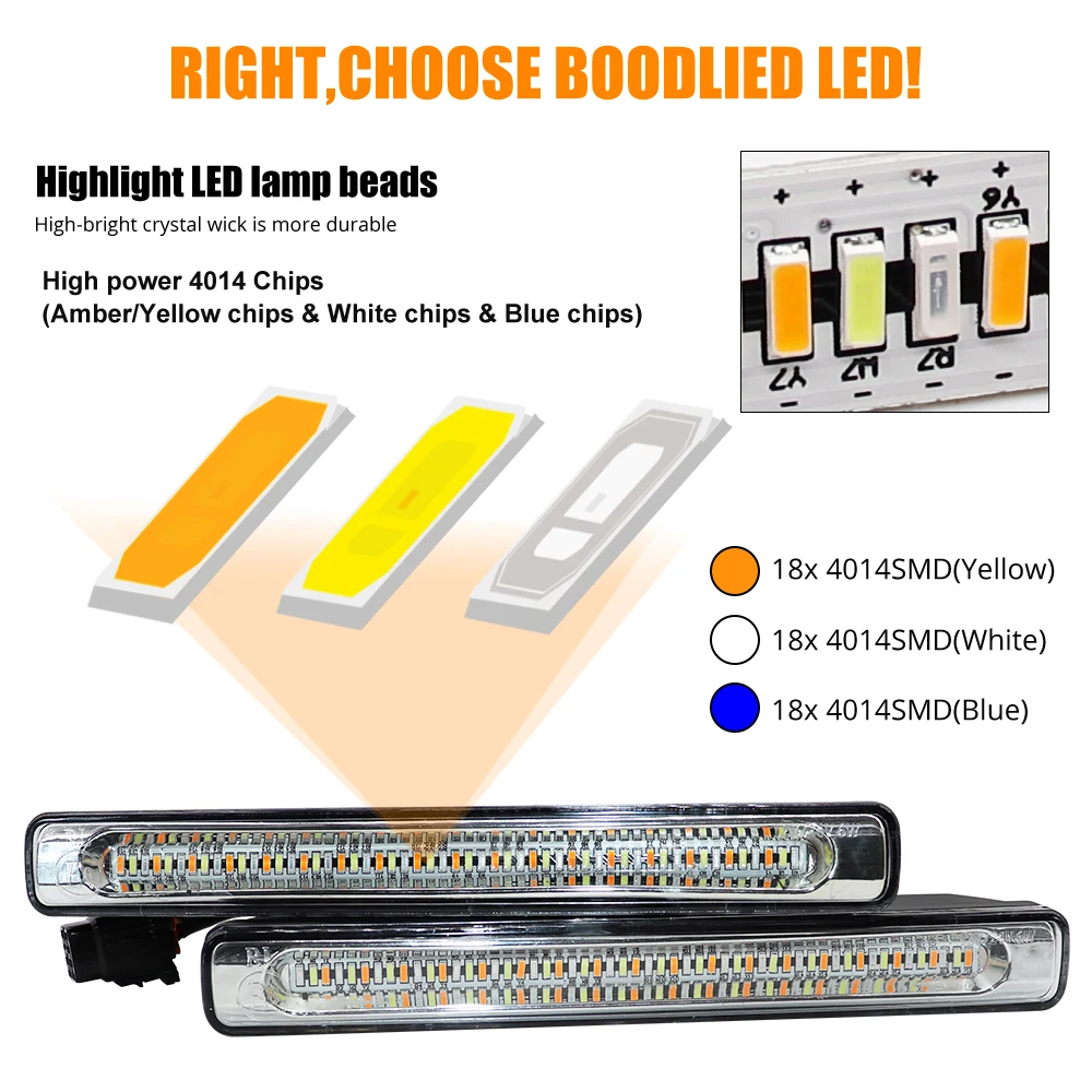 LED DRL 주간 주행등, 방향 지시등, 흐르는 조명, 안개등, 12V 방수, 흰색 DRL 라이트, 노란색 회전, 파란색 주행 램프