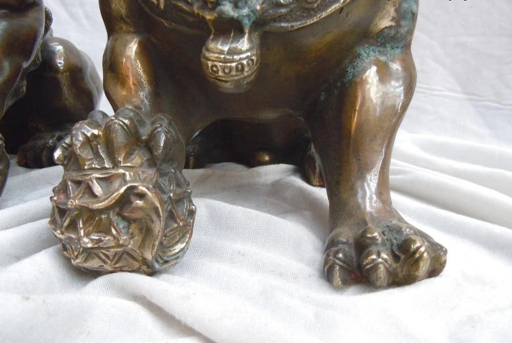 11 дюймов вырезанная латунная фигурка из Китая lucky guard Foo Dogs Лев Пара статуй