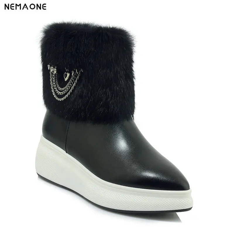 

NemaoNe 2018 Women ankle Boots cow Leather Fashion Winter Snow Boots Platform poined Toe Wedges Heel Women Boots