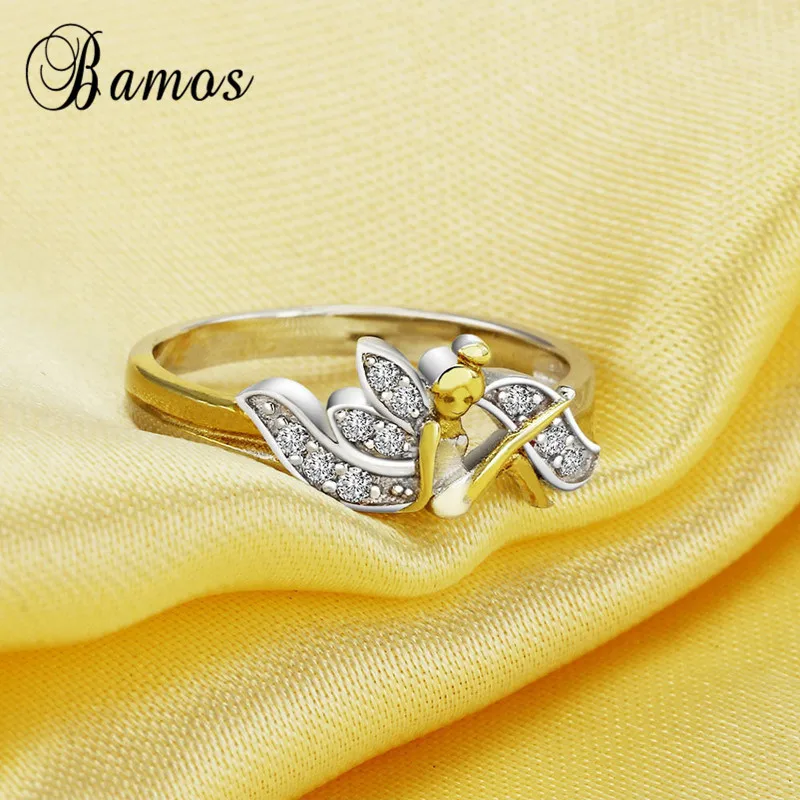 Bamos Doble Colors Cute Angel Ring Simple Cubic Zirconia Wings Rings